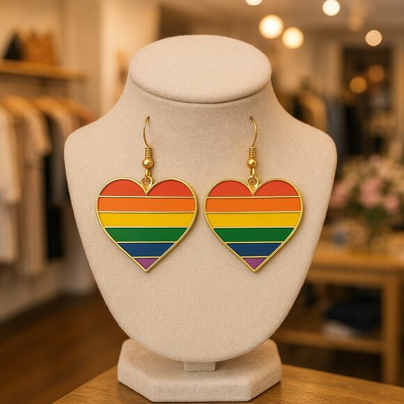 NEW Classic Pride Flag Dangle Hearts Earrings Rainbow‎ Trans LGBTQIA+ Gay - Picture 2 of 4